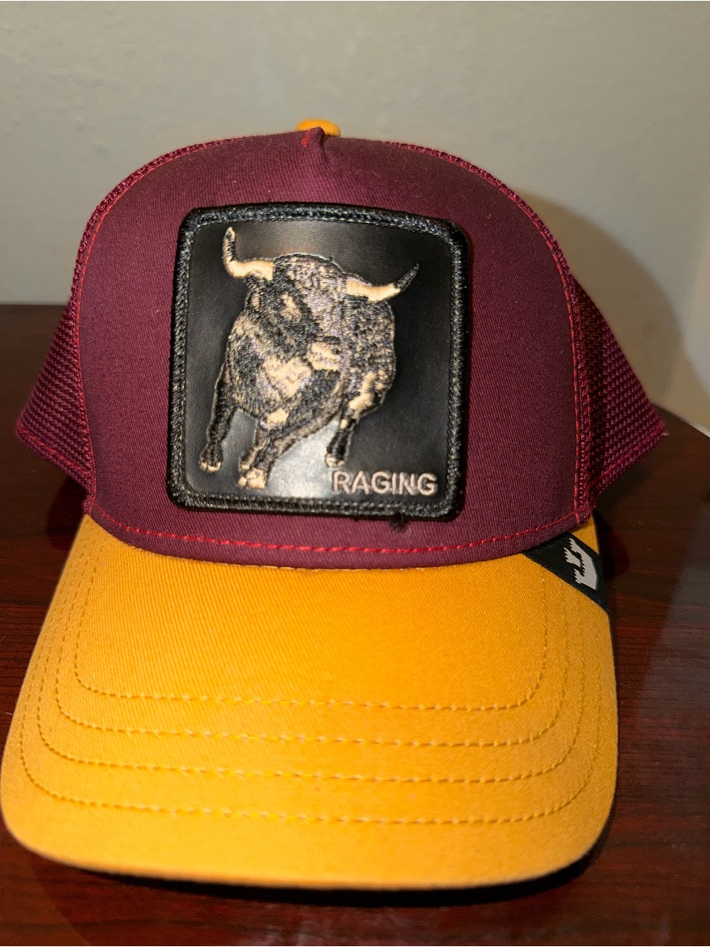 Goorin Bros Maroon and Yellow Bull Patch Trucker Hat - Picture 2 of 4